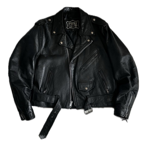 VINTAGE 1980s Black Genuine Leather Biker Jacket Moto Streetwear ~Rare! SZ 46 - Picture 15 of 16